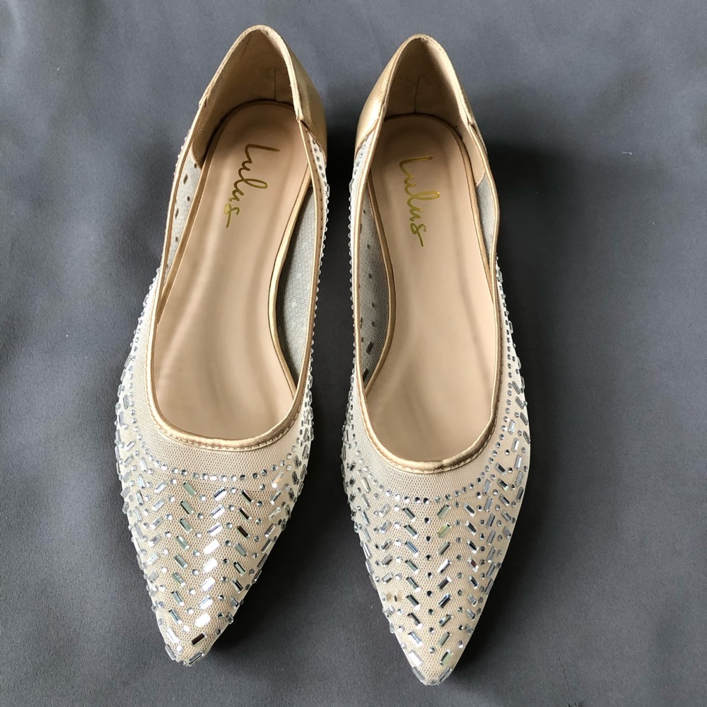 Lulu's Champagne Rhinestone Silver Flats